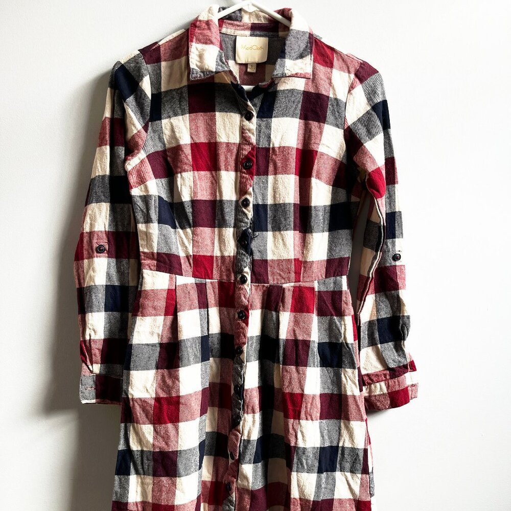 MODCLOTH, flannel button down shirt dress, blue red & cream plaid, Size Small